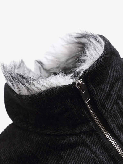 Vintage Metal Buckle Faux Fur Trim Padded Denim Jacket 