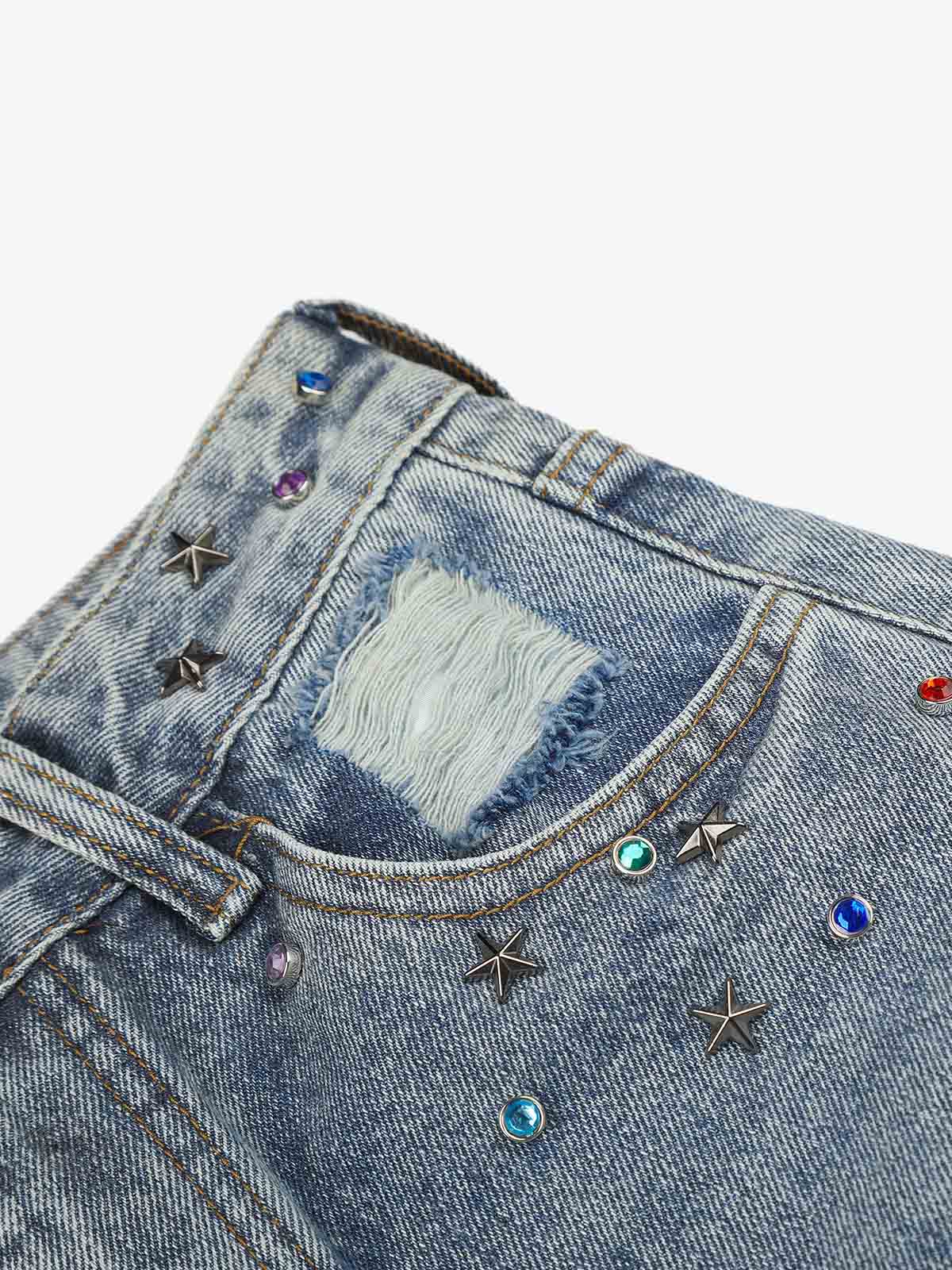 Layered Rhinestone Baggy Jeans