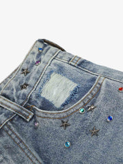 Layered Rhinestone Baggy Jeans