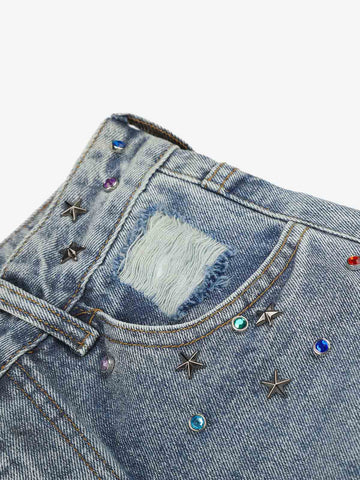 Layered Rhinestone Baggy Jeans