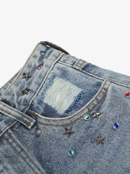 Layered Rhinestone Baggy Jeans