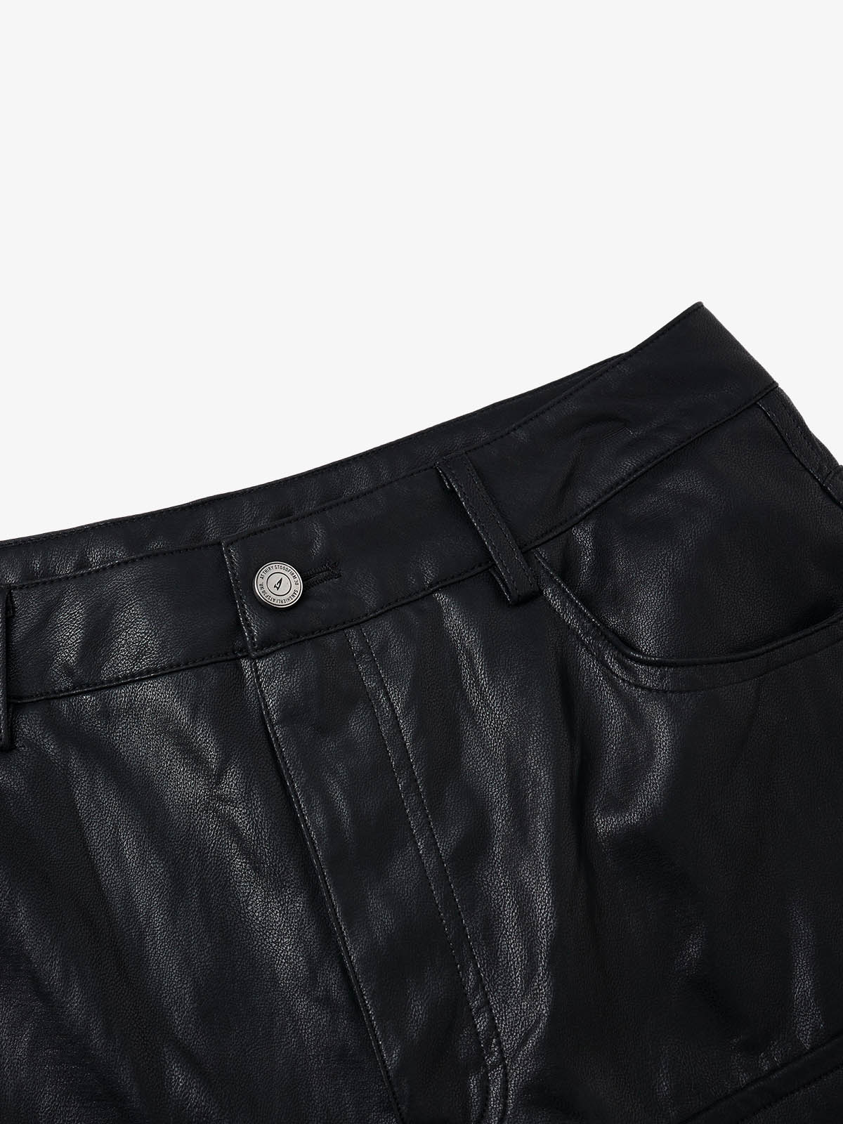 Faux Leather Cargo Shorts for Men - Black Oversized Utility Shorts with Multiple Pockets and Zipper Details 