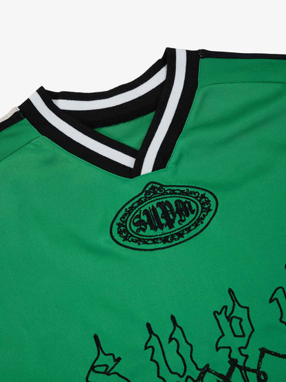 Supermade Color-Blocked V-Neck Embroidered Jersey Short-Sleeved 