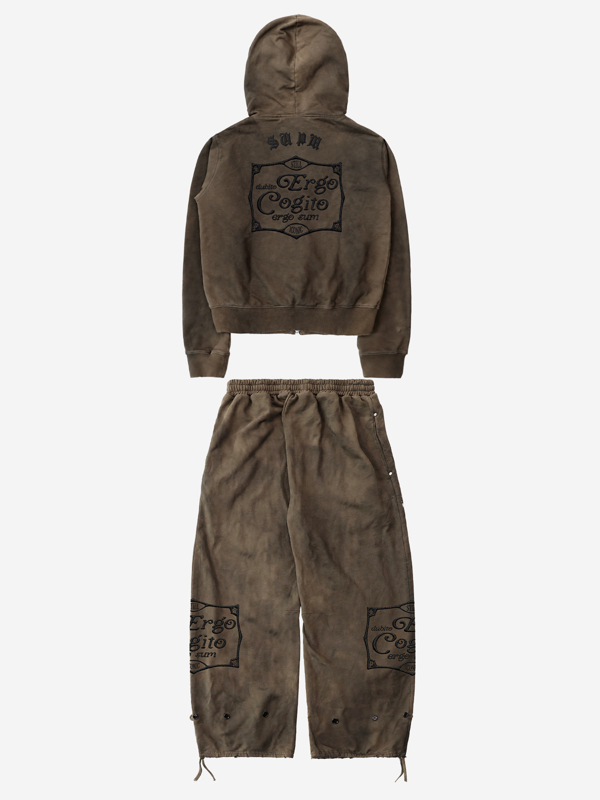 Embroidered Washed Distressed Hoodie & Wide-Leg Pants Set