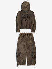 Embroidered Washed Distressed Hoodie & Wide-Leg Pants Set