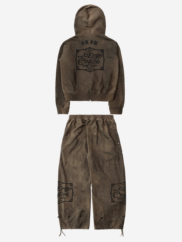 Embroidered Washed Distressed Hoodie & Wide-Leg Pants Set