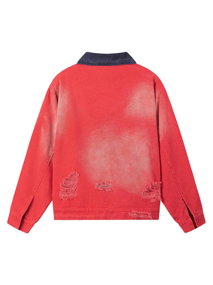 Retro Ripped Washed Contrast Color Work Jacket 