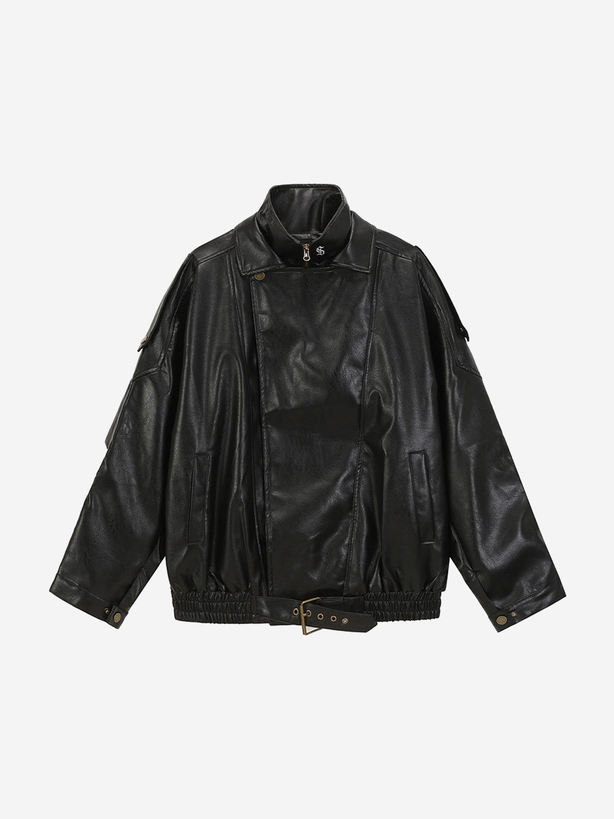 Belted Hem Faux Leather Bomber Jacket