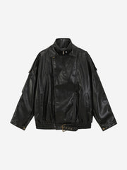 Belted Hem Faux Leather Bomber Jacket