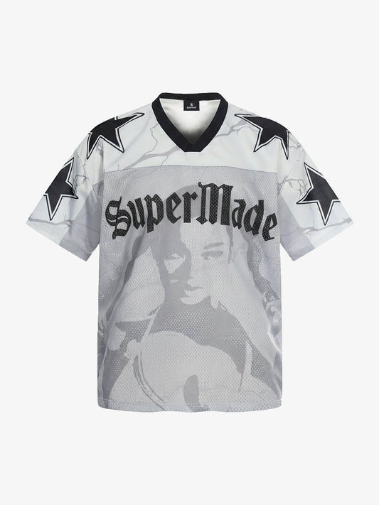 Mesh V-Neck SuperMade Graphic T-Shirt with Star Print and Transparent Overlay 