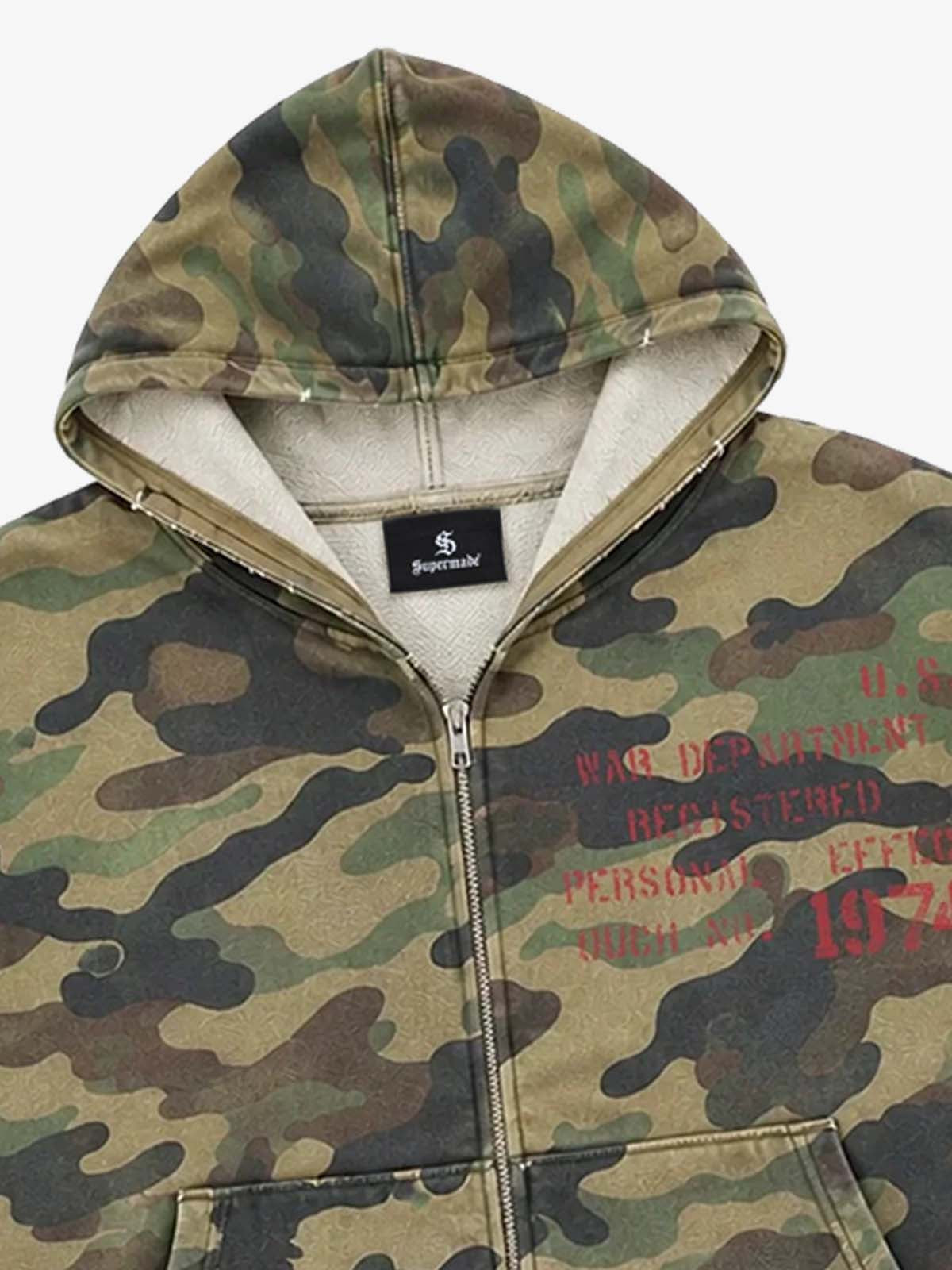 Camo Letter Graphic Distressed Zip-Up Hoodie