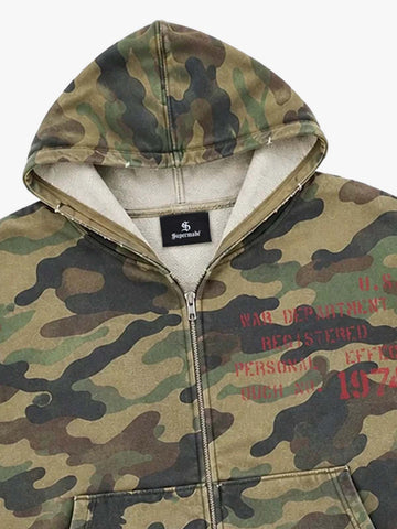 Camo Letter Graphic Distressed Zip-Up Hoodie