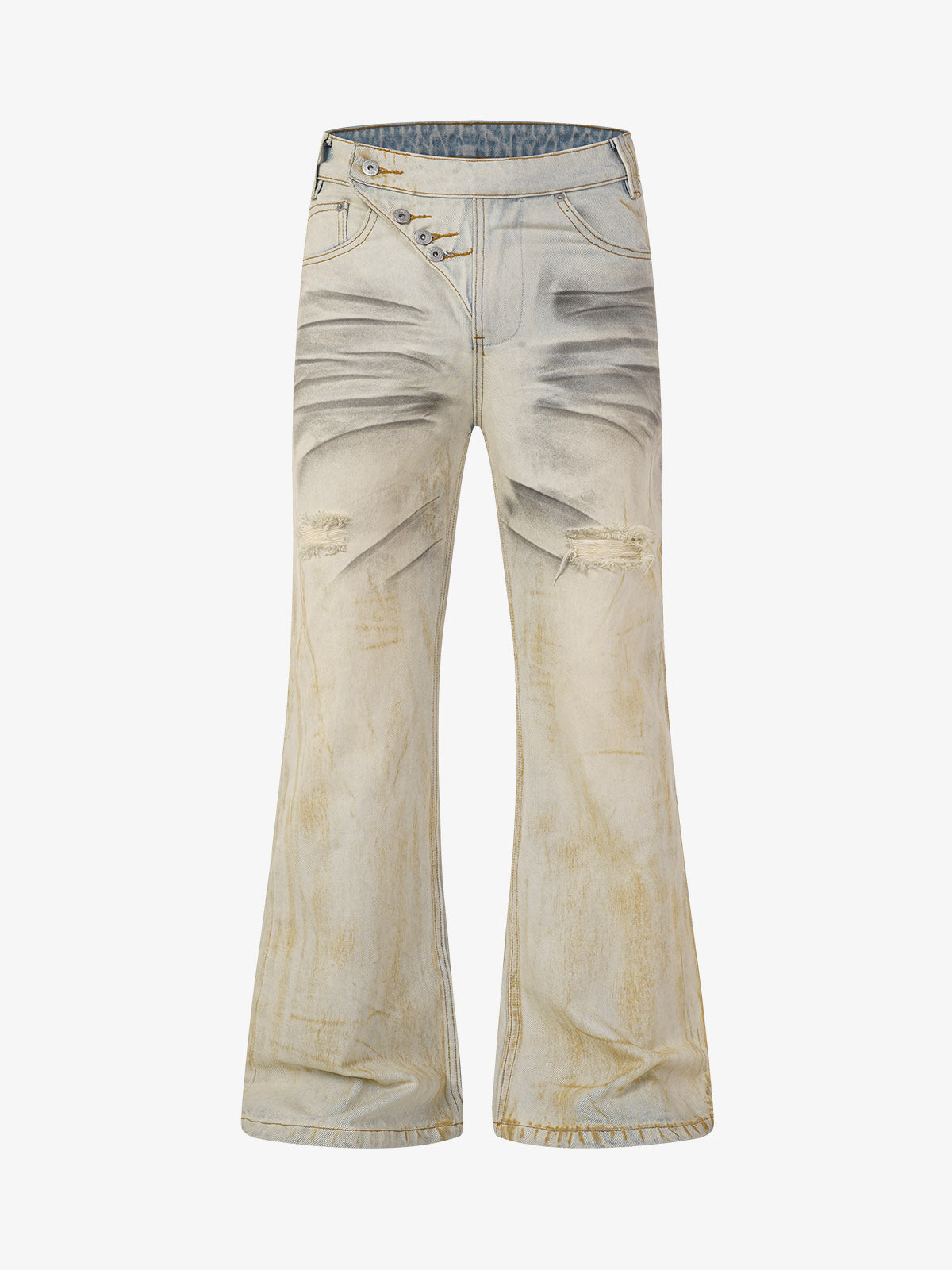 Distressed Button Fly Bootcut Jeans