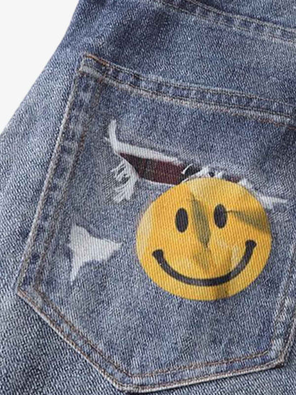 Denim Patchwork Wide Leg Jeans with Graphic Appliques and Distressed Details 