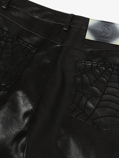 Faux Leather Wide Leg Pants with Spiderweb Embossed Pockets - Edgy Fashion Statement 