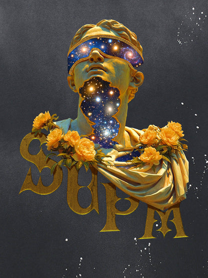 THE SUPERMADE-Wash and splash ink Galaxy Art Print T-Shirt with Cosmic Statue Design for Men and Women 
