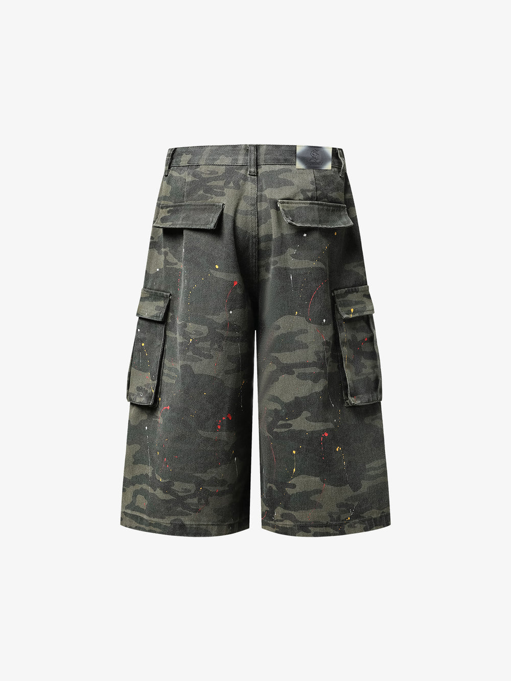 Camo Cargo Shorts with Paint Splatter