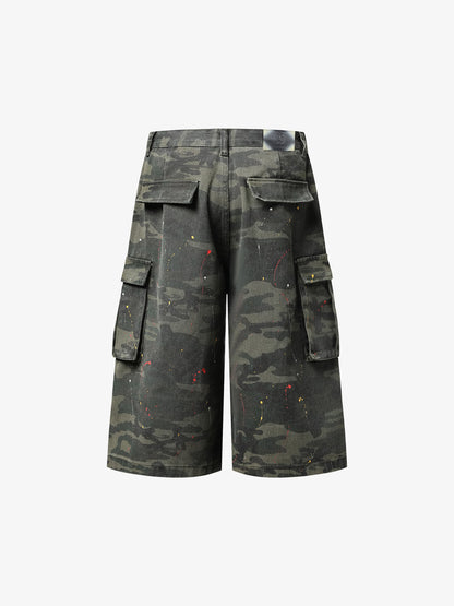 Camo Cargo Shorts with Paint Splatter – Relaxed Fit Utility Streetwear