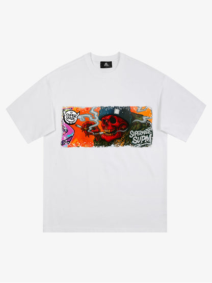 Thesupermade Distressed Blood Red Skull Graffiti T-shirt 
