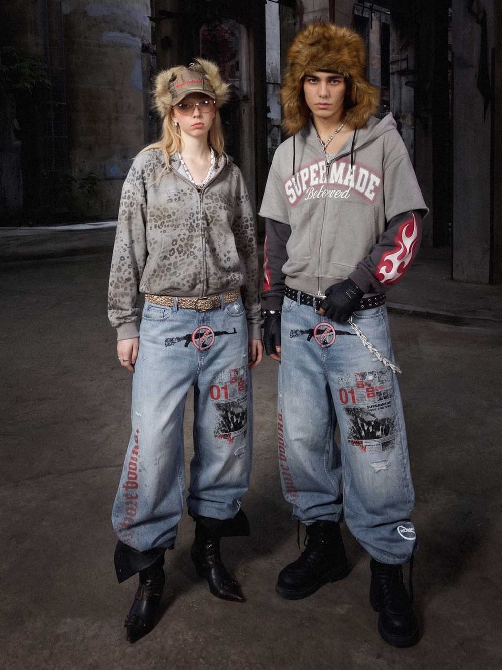 No More Booms Graphic Baggy Scimitar Jeans