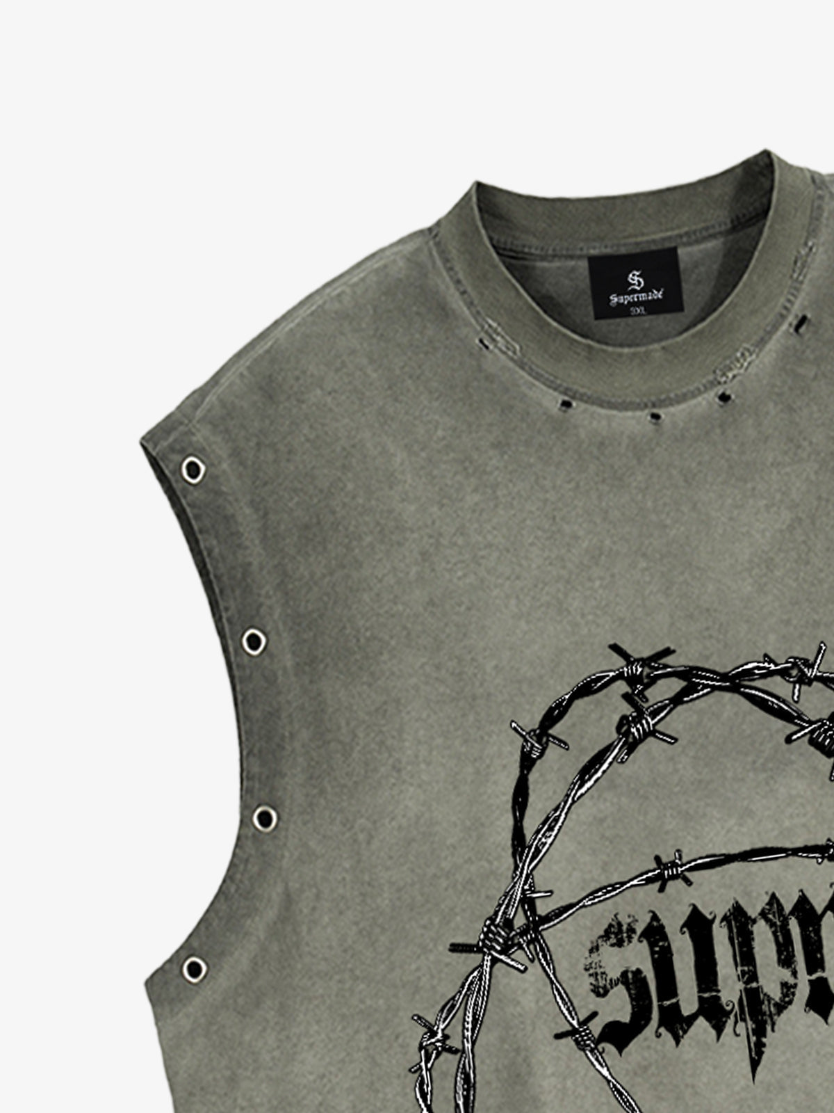Distressed Sleeveless Crop Top with Barbed Wire Graphic Design 