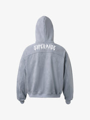 Vintage Suede Letter Embroidered Cropped Zip Up Hoodie 