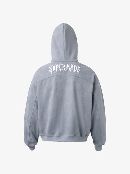 Stylish Black Hooded Zip-Up Jacket with Bold Typography Design 