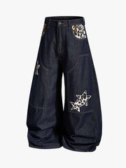 Thesupermade Raw Denim Star Leopard Patch Embroidery Baggy Jeans