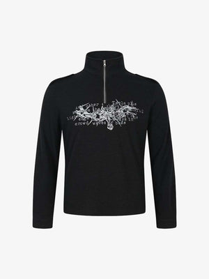 Letter Graphic Half-Zip Stand-Collar Long Sleeve Tee