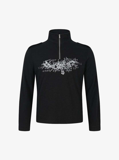 Letter Graphic Half-Zip Stand-Collar Long Sleeve Tee