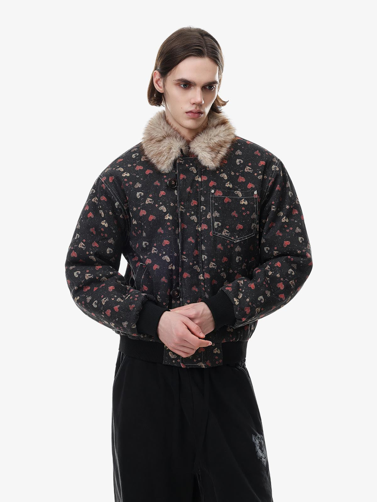 Heart Graphic Faux-Fur Collar Denim Padded Coat