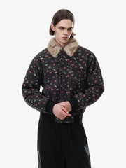 Heart Graphic Faux-Fur Collar Denim Padded Coat