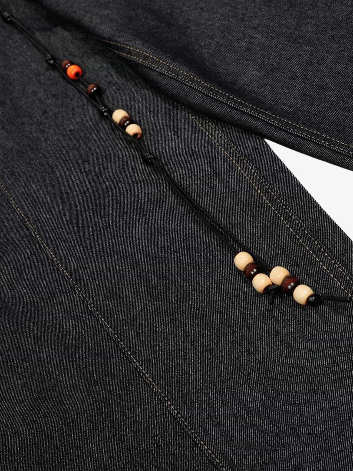 Stylish High-Waisted Denim Trousers with Beaded Drawstring Detail 