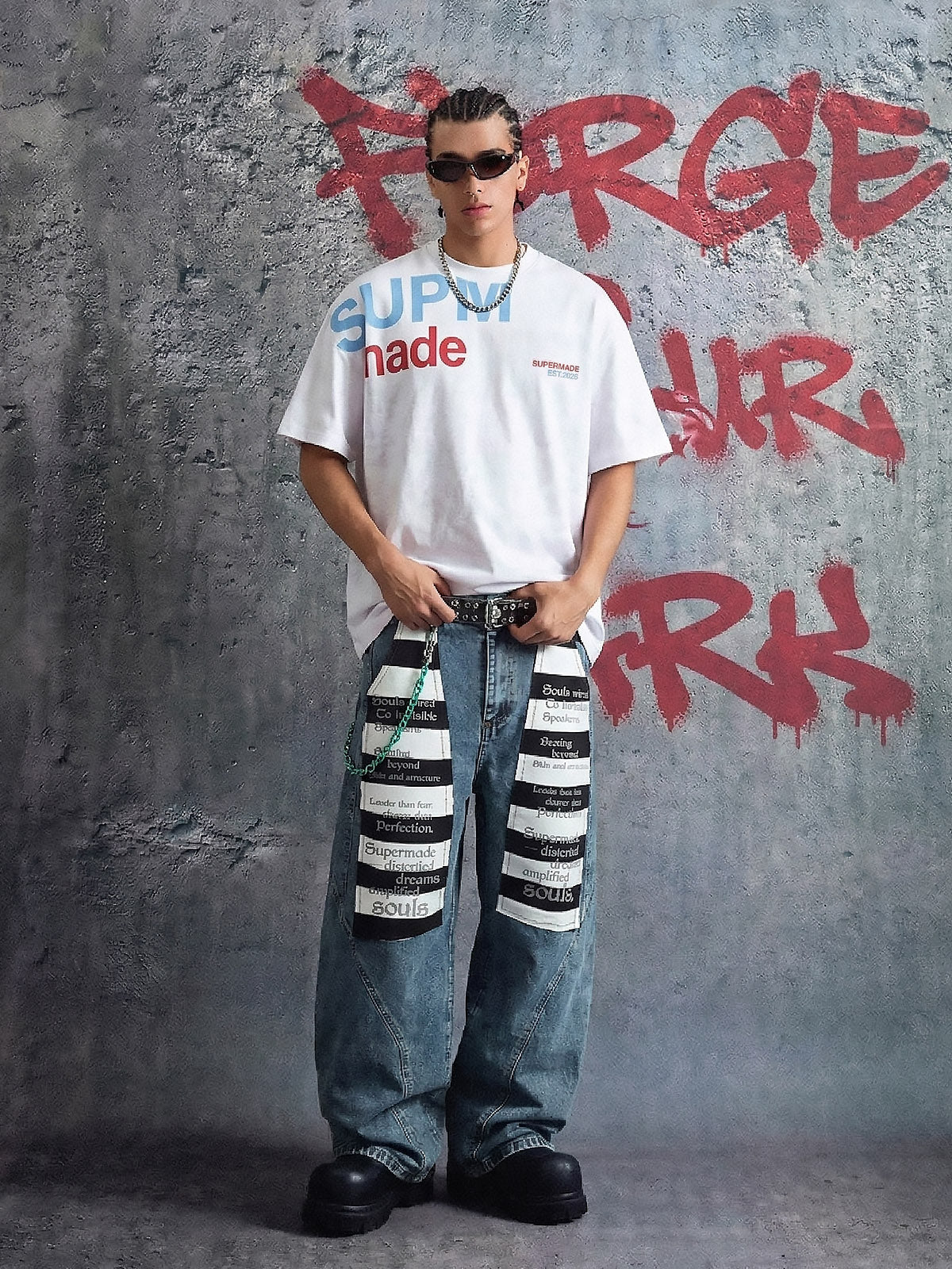 Wide Leg Striped Patchwork Letter Print Pants