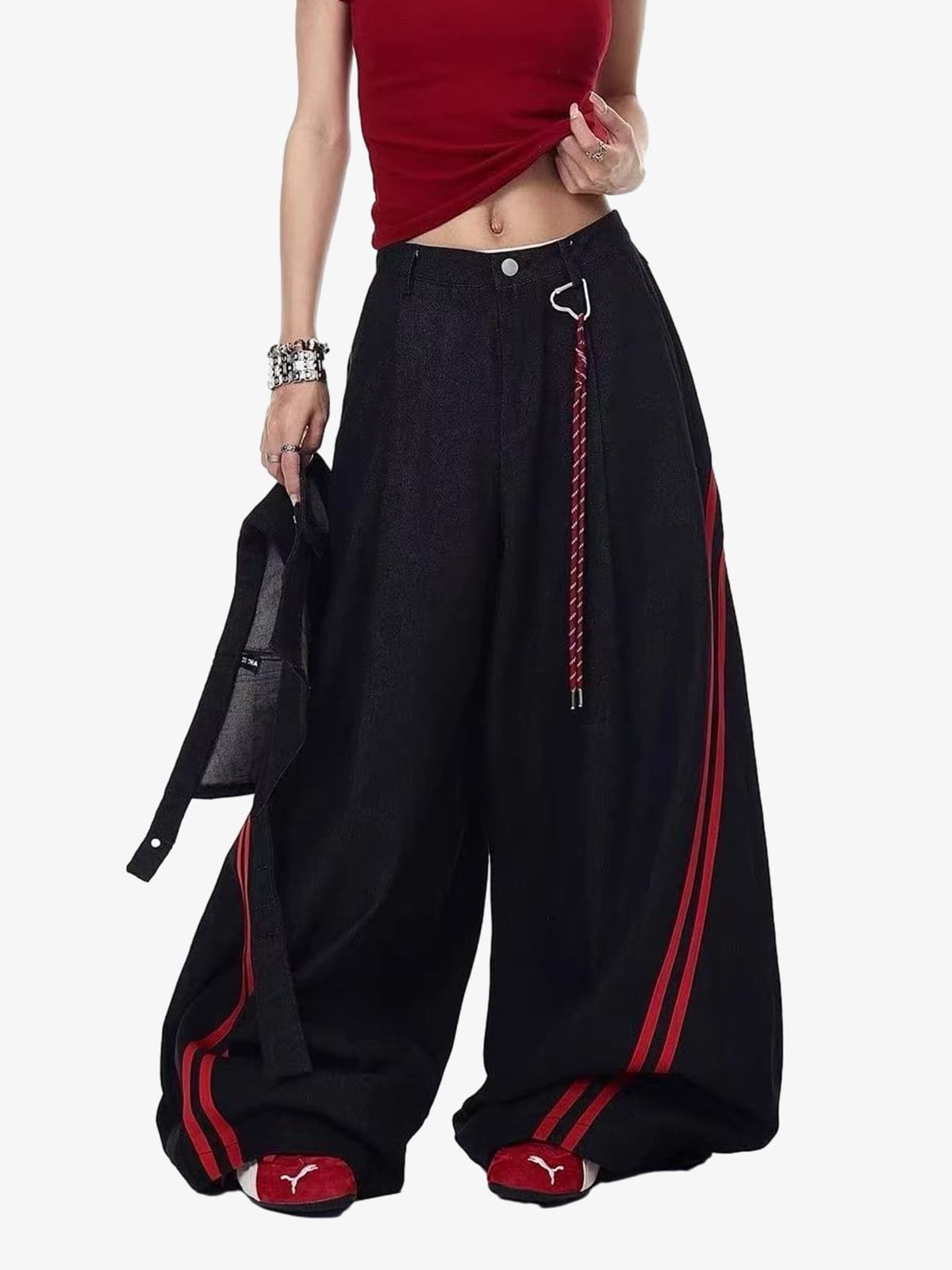 Retro Red Stripe Asymmetric Waist Barrel Jeans 