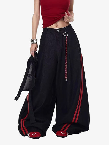 Retro Red Stripe Asymmetric Waist Barrel Jeans 