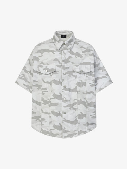 Light Grey Tactical Camo Pleated Denim Shirt 