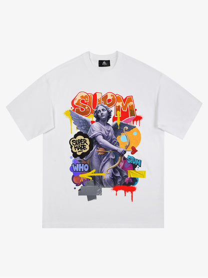 Angel statue and street graffiti mixed pattern T-shirt 