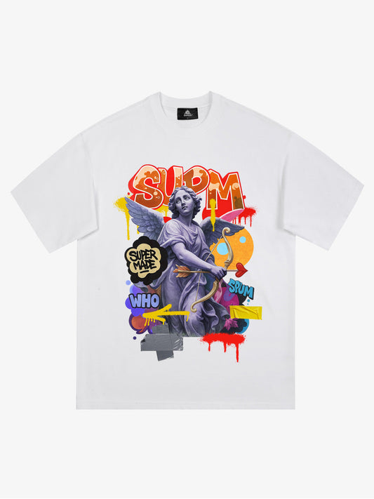 Angel statue and street graffiti mixed pattern T-shirt 