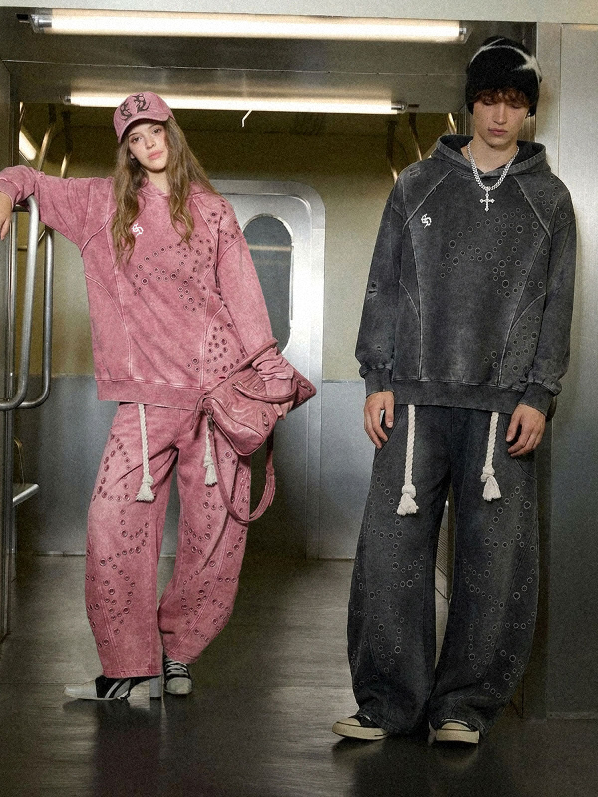 Washed Eyelet Distressed Hoodie & Curved-Leg Sweatpants Set