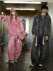 Washed Eyelet Distressed Hoodie & Curved-Leg Sweatpants Set