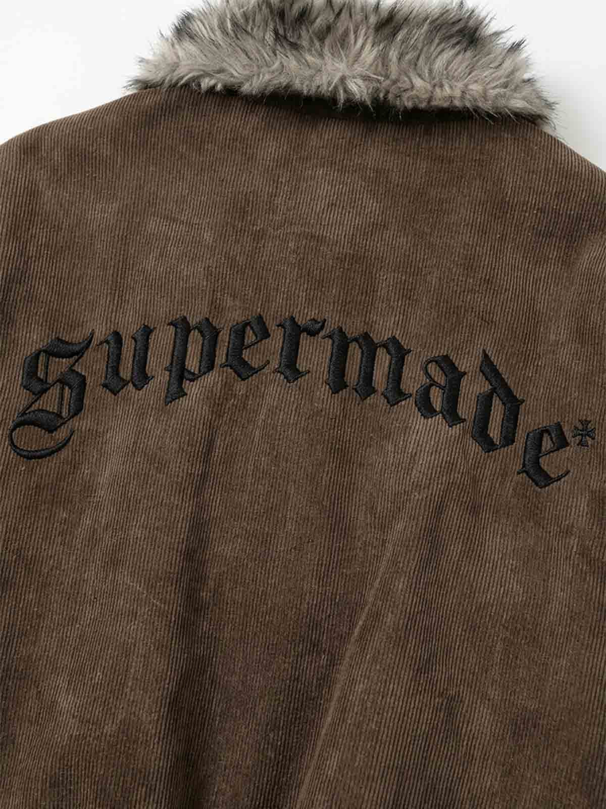 Embroidered Faux-Fur Collar Oversized Distressed Bomber Jacket