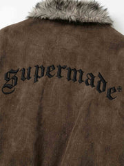 Embroidered Faux-Fur Collar Oversized Distressed Bomber Jacket