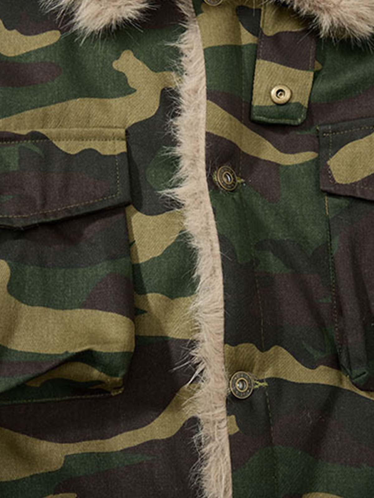 Camouflage Faux Fur Collar Multi-Pocket Utility Jacket 