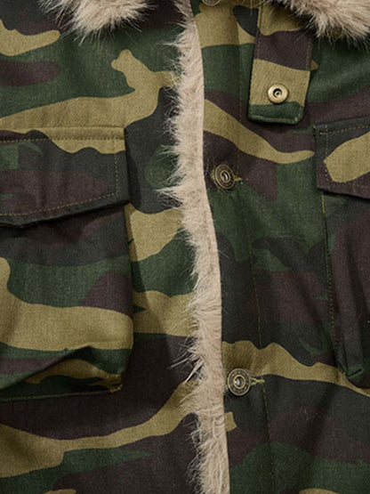 Camouflage Faux Fur Collar Multi-Pocket Utility Jacket 