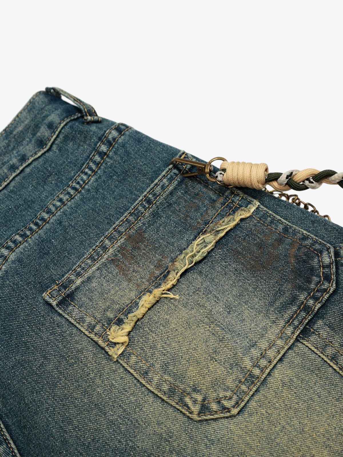 Distressed Denim Jeans with Braided Chain Detail - Perfect for Casual and Streetwear Styles 