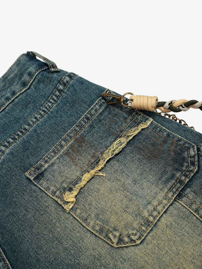 Distressed Denim Jeans with Braided Chain Detail - Perfect for Casual and Streetwear Styles 
