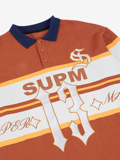 Supermade Color-Blocked Polo Collar Embroidered Print Long-Sleeved Jersey 