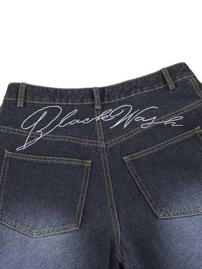 Washed Ripped Embroidered Barrel Jeans 