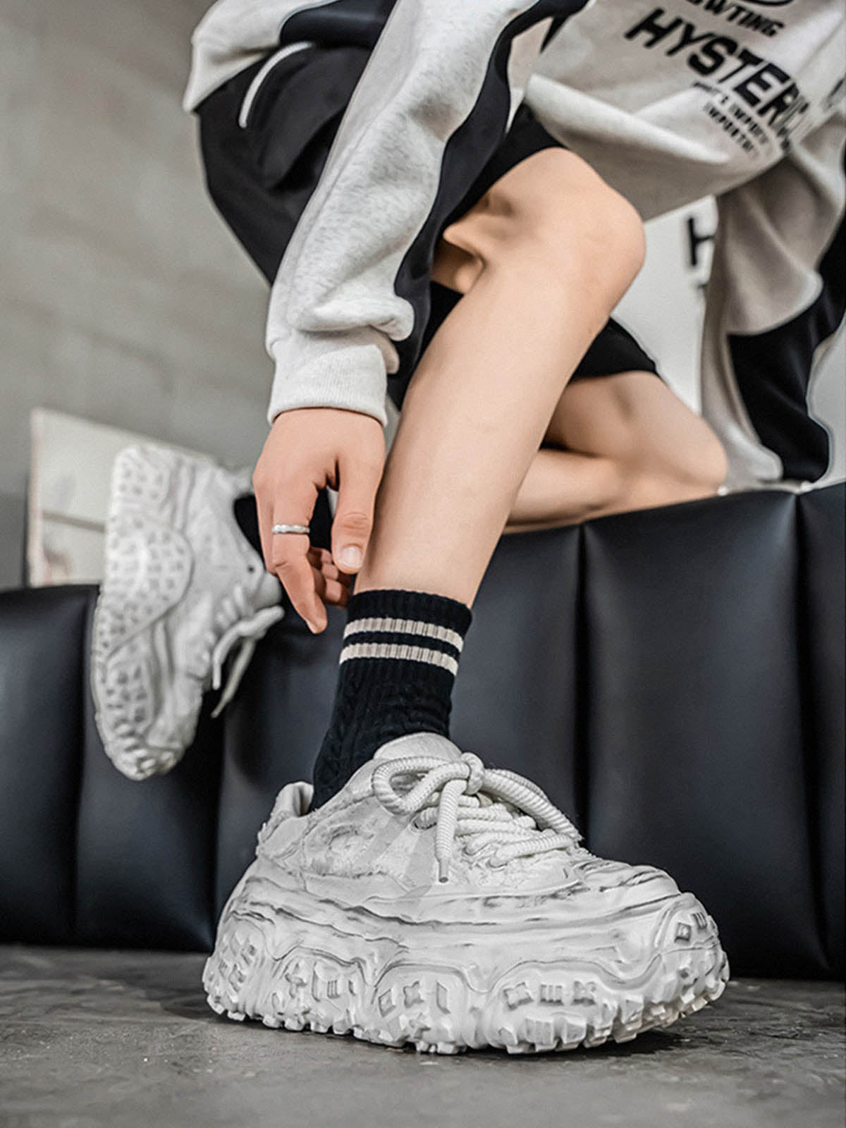 Tire-Tread Distressed Sneakers